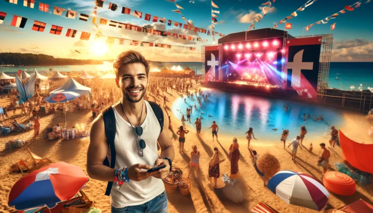 A traveler enjoying Sunfest at the beach in Rrjoll-Velipoja, standing amidst a lively festival scene with dancing people, colorful tents, and sparkling blue waters on the left, and a main stage with live music and festival-goers on the right. Is smiling, holding a phone, and wearing a festival wristband, with banners and flags fluttering in the background