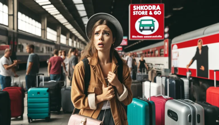 A worried female traveler searching through a busy bus station, surrounded by luggage and people, with a "Shkodra Store and Go" sign offering luggage storage services in the background.