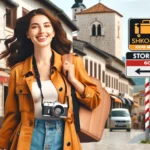 A happy female traveler walking through the streets of Shkoder with a camera, free of any heavy luggage. In the background, a sign for "Shkodra Store and Go" indicates where she stored her bags.