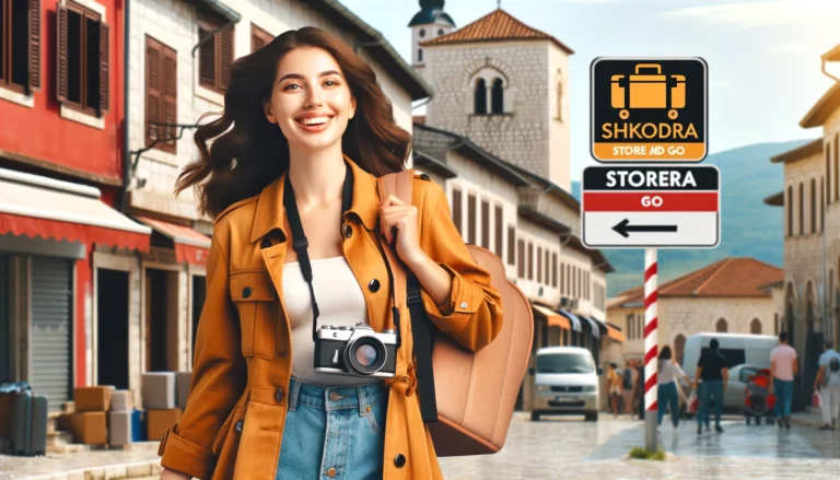 A happy female traveler walking through the streets of Shkoder with a camera, free of any heavy luggage. In the background, a sign for "Shkodra Store and Go" indicates where she stored her bags.