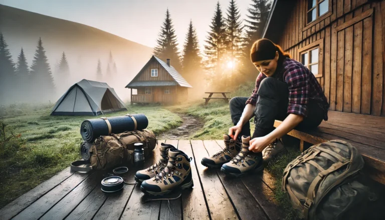 a hiker in the early morning, lacing up their boots at the edge of a forest trail. This captures the excitement of starting a new adventure in the fresh, crisp morning air.