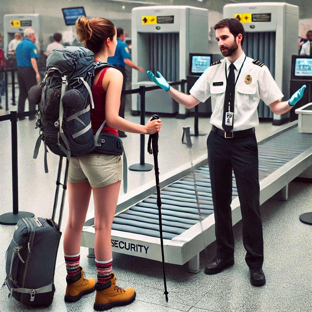 A candid, realistic photo taken at an airport security checkpoint. A French female trekker in trekking gear is seen talking to a security officer who is holding up trekking poles, inspecting them with a serious expression. The scene is captured near the bag scanning machines, with the background showing other travelers and typical airport security setup.